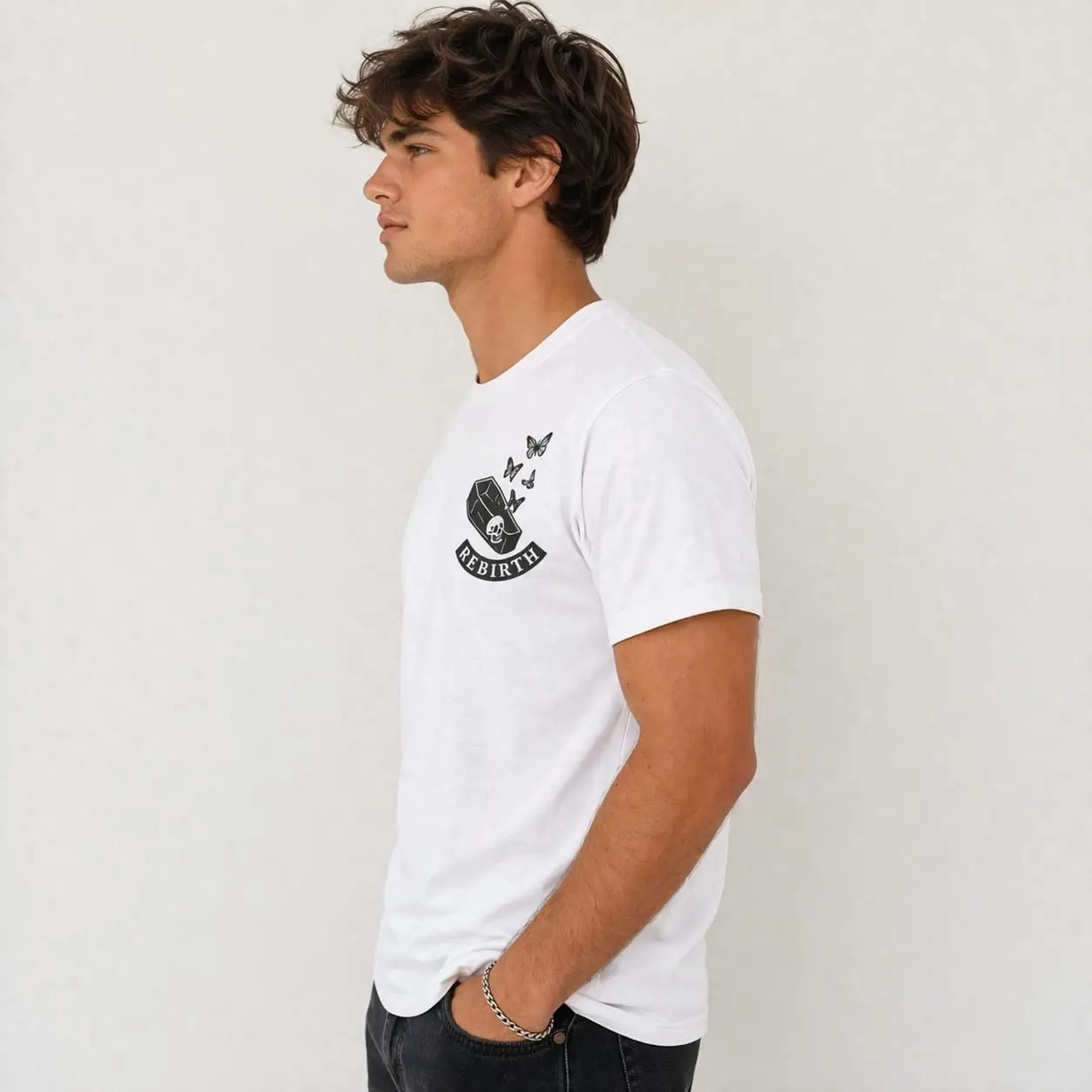 "Rebirth" Graphic Tee – Coffin & Butterfly Minimalist White T-Shirt | Unisex Streetwear - Image 3