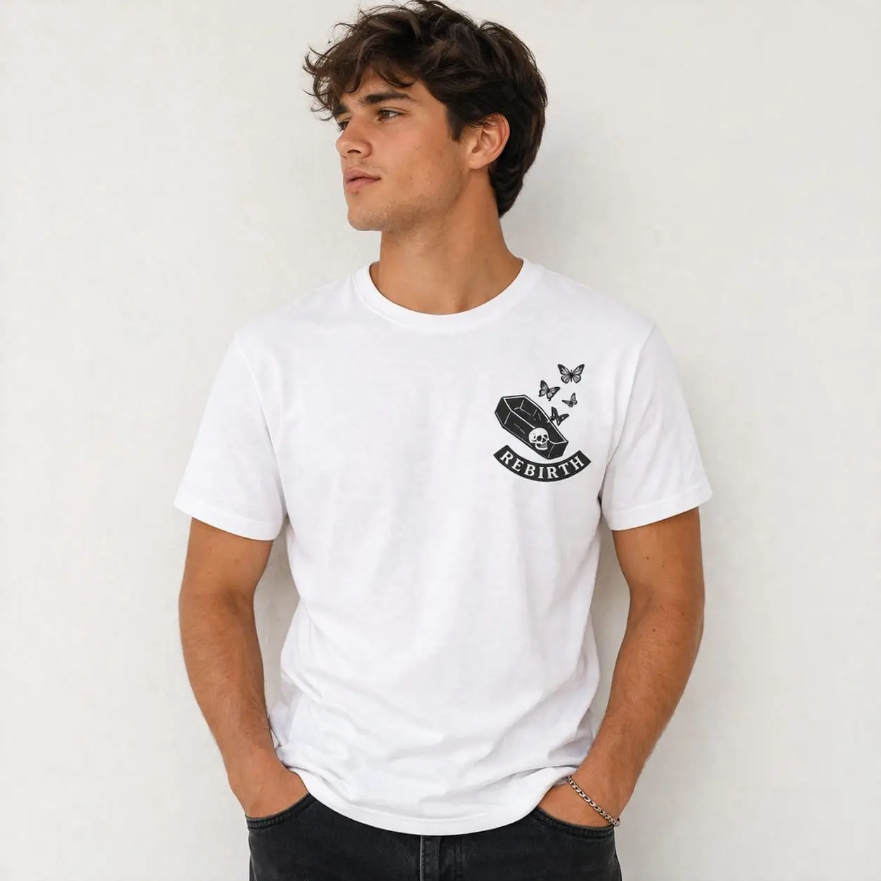 "Rebirth" Graphic Tee – Coffin & Butterfly Minimalist White T-Shirt | Unisex Streetwear